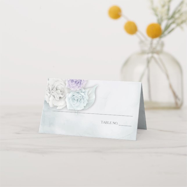 Elegant Romantic Ice white - Blue and Lilac Roses Place Card (Front)
