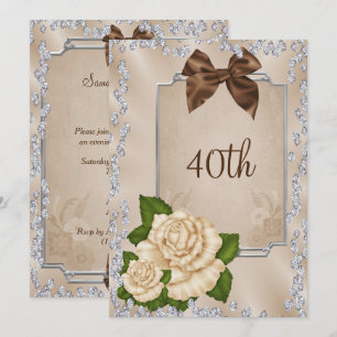 Elegant Romantic Ivory Roses & Bows 40th Invitation