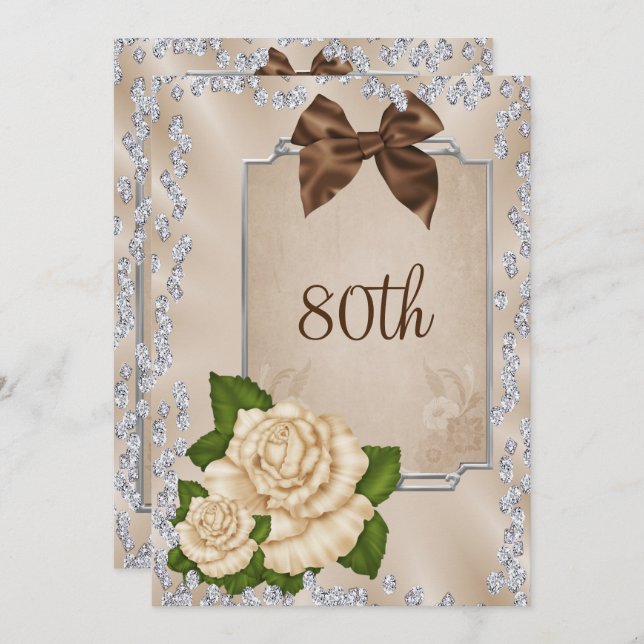 Elegant Romantic Ivory Roses & Bows 80th Invitation (Front/Back)