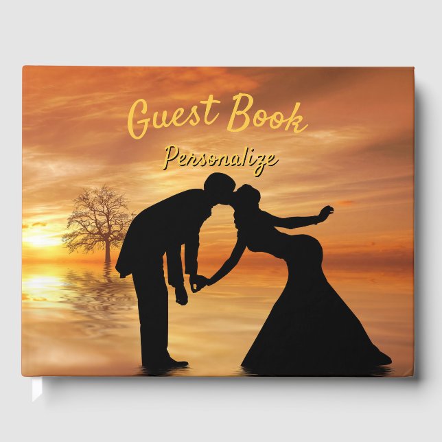 Elegant Romantic Kissing Silhouette Couple Sunset Guest Book (Front)