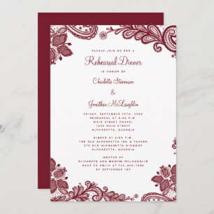 Elegant Romantic Lace Red Wedding Rehearsal Dinner Invitation