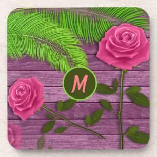 Elegant & Romantic Monogram Pink Roses Wood BG Coaster