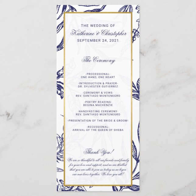 Elegant Romantic Navy Blue Gold Botanical Wedding Program (Front)