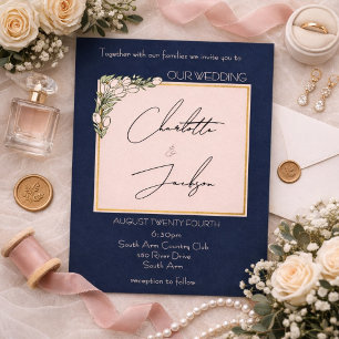 Elegant Romantic Navy Pink Tulip Wedding Invitation