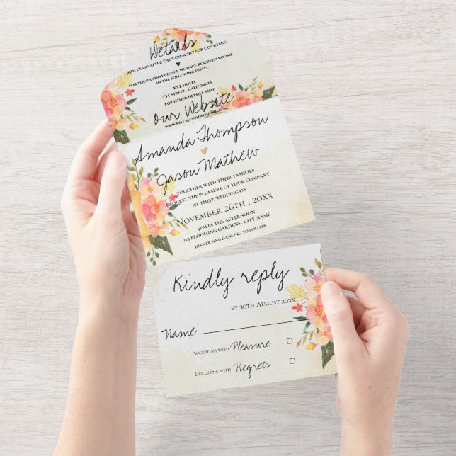 Elegant Romantic Peach Floral Monogram Wedding All In One Invitation (Tearaway)