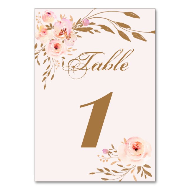 Elegant Romantic Pink Blush Gold Floral Table Number (Front)