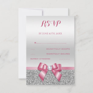 Elegant Romantic Pink Bow & Silver Glitter RSVP Card