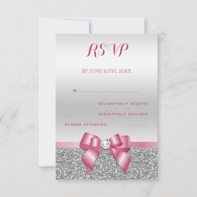 Elegant Romantic Pink Bow & Silver Glitter RSVP Card (Front)