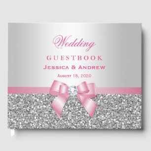 Elegant Romantic Pink Bow & Silver Glitter Wedding Guest Book