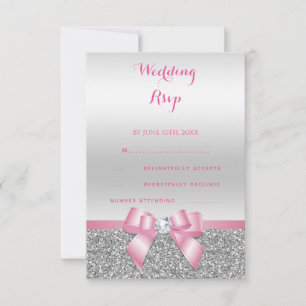 Elegant Romantic Pink Bow & Silver Glitter Wedding RSVP Card