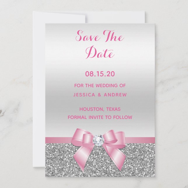 Elegant Romantic Pink Bow & Silver Glitter Wedding Save The Date (Front)