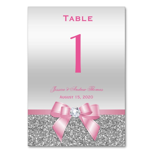 Elegant Romantic Pink Bow & Silver Glitter Wedding Table Number (Front)