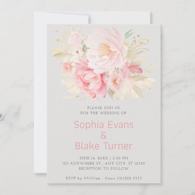 Elegant Romantic Pink Floral Platinum Wedding Invitation (Front)