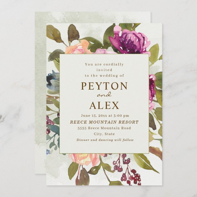 Elegant Romantic Plum Peach Sage Green Wedding Invitation (Front/Back)