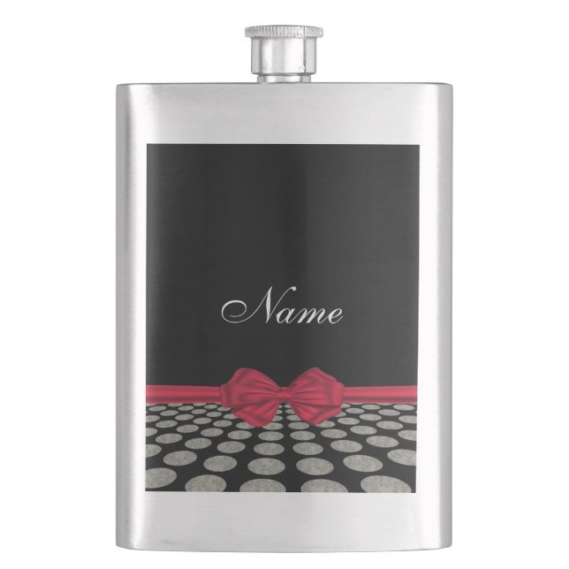 Elegant romantic polka dots red bow personalised hip flask (Front)