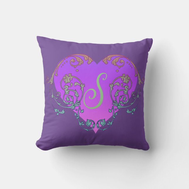 Elegant, Romantic Purple Heart with Flourish Cushion (Front)