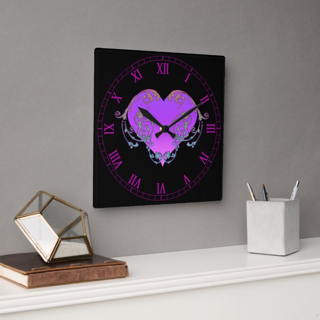 Elegant, Romantic Purple Heart with Flourish  Square Wall Clock (Office)