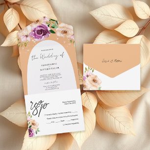 Elegant Romantic Purple Peach Watercolor Flowers All In One Invitation
