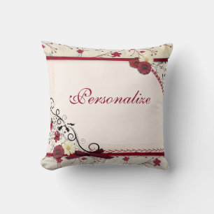 Elegant Romantic Red Floral Border Personalise Cushion