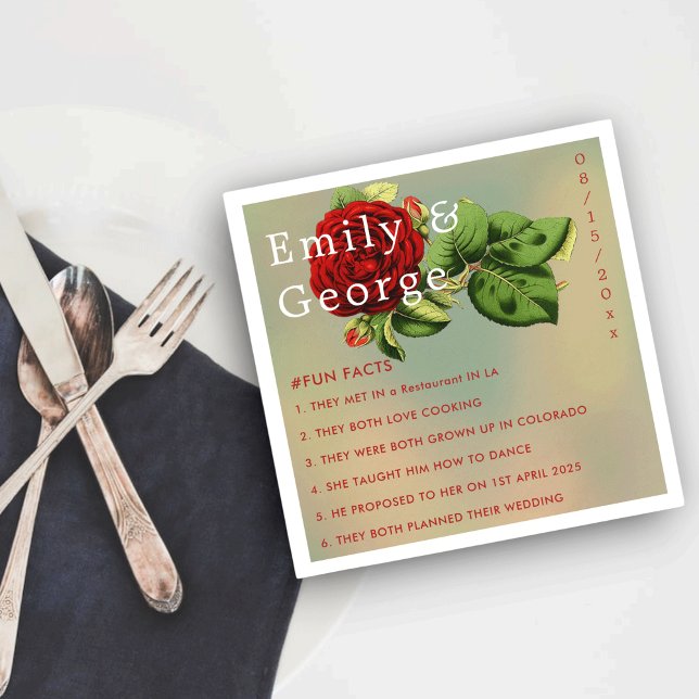 Elegant Romantic Red Rose Floral Fun Facts Wedding Napkin (Creator Uploaded)