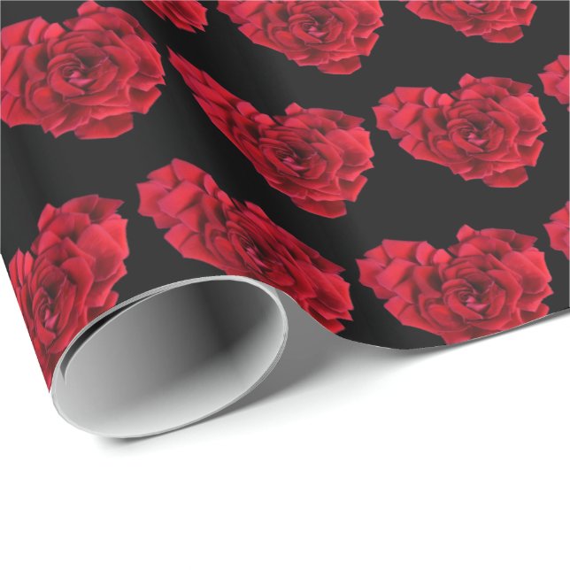 Elegant Romantic Red Rose Heart Pattern Black Wrapping Paper (Roll Corner)