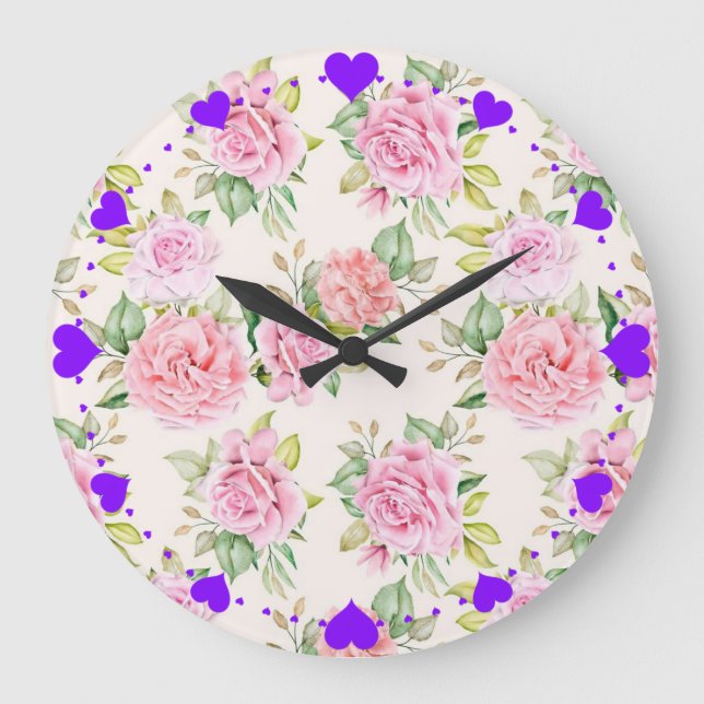 Elegant Romantic Rose Floral Pattern Large Clock (Front)