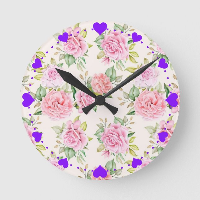 Elegant Romantic Rose Floral Pattern Round Clock (Front)