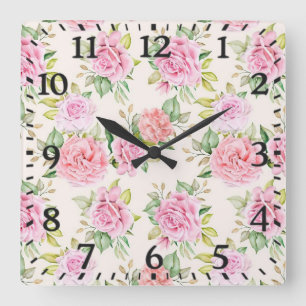 Elegant Romantic Rose Floral Pattern Square Wall Clock