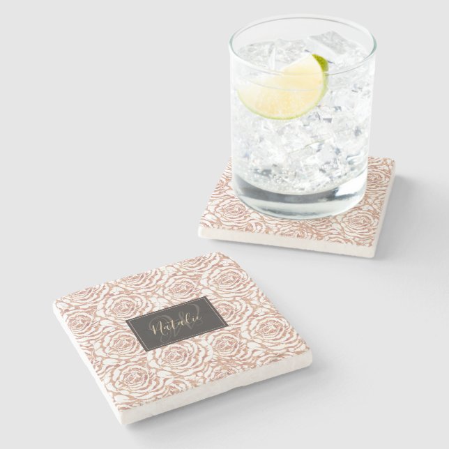 Elegant romantic rose gold roses pattern image stone coaster (Side)