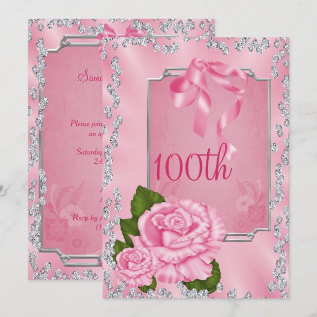 Elegant Romantic Roses & Bows 100th Invitation (Front/Back)