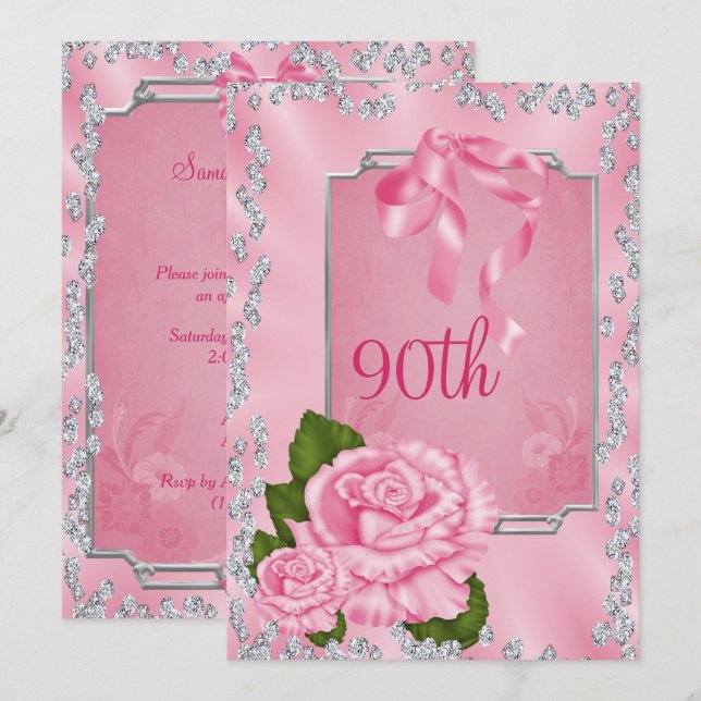Elegant Romantic Roses & Bows 90th Invitation (Front/Back)