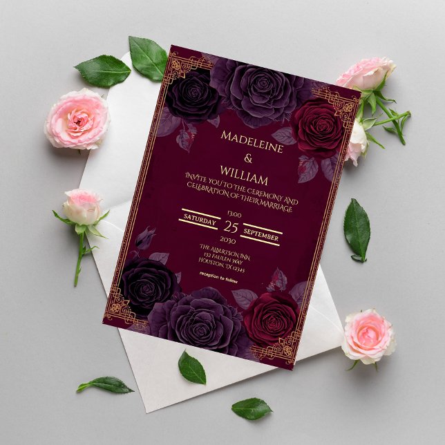 Elegant Romantic Roses Gothic Wedding Invitation (Creator Uploaded)