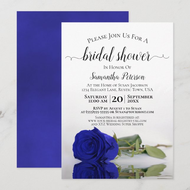 Elegant Romantic Royal Blue Rose Bridal Shower Invitation (Front/Back)