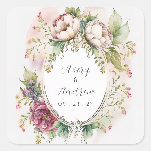 Elegant Romantic Rustic Floral Wedding Square Sticker (Front)