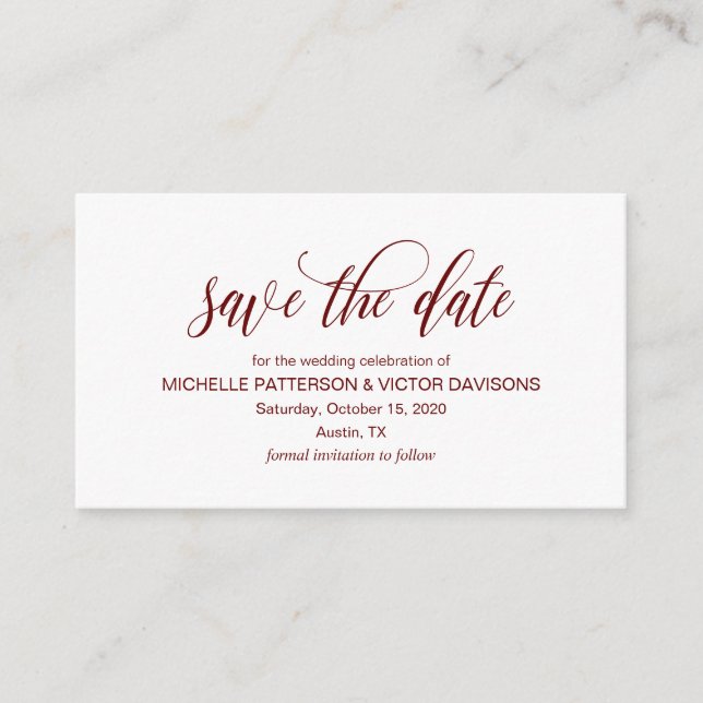 Elegant Romantic Script, Burgundy,, Save the date Enclosure Card (Front)