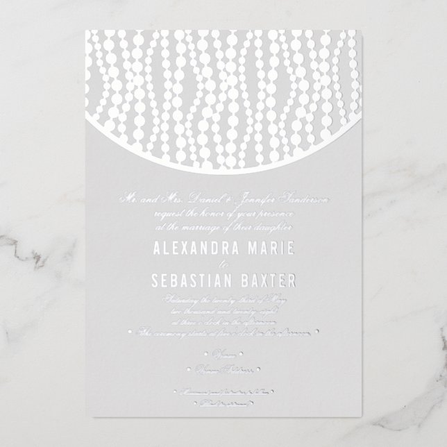Elegant Romantic Script Grey Pearls Wedding Silver (Front)