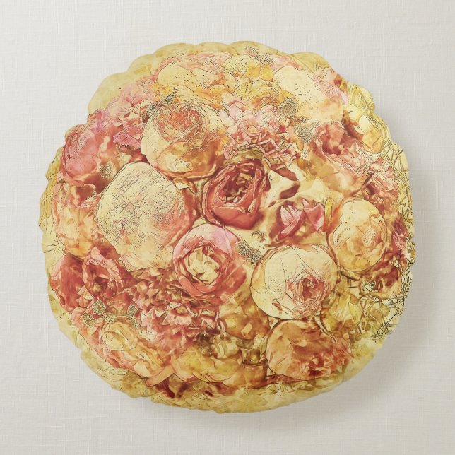 Elegant Romantic Shabby Chic Cream & Pink Roses Round Cushion (Front)