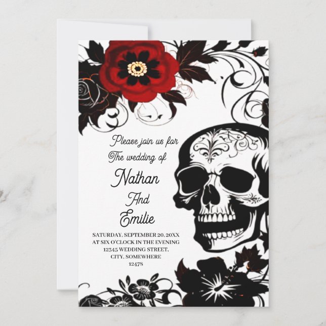 Elegant Romantic Skull gothic wedding invitation  (Front)