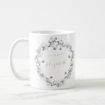 Elegant Romantic Stylish Wedding Wreath Custom  Coffee Mug<br><div class="desc">Branches of white orchids, hand-drawn in graphite pencil, adorn this simple but sophisticated, elegant yet chic wedding wreath design. The hint of gold in the colour of the writing gives this a festive but subdued splash of colour. This stylish coffee mug would make a lovely wedding present for your bridesmaids...</div>