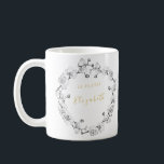 Elegant Romantic Stylish Wedding Wreath Custom  Coffee Mug<br><div class="desc">Branches of white orchids, hand-drawn in graphite pencil, adorn this simple but sophisticated, elegant yet chic wedding wreath design. The hint of gold in the colour of the writing gives this a festive but subdued splash of colour. This stylish coffee mug would make a lovely wedding present for your bridesmaids...</div>