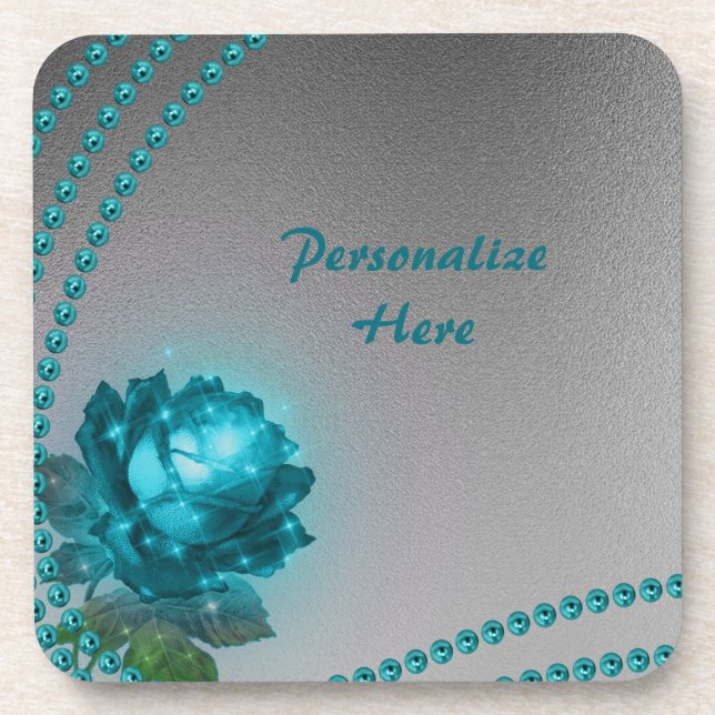 Elegant & Romantic Teal Pearls & Rose Personalised Coaster (Front)