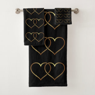 Elegant & Romantic Two Gold Hearts Intertwined Bath Towel Set
