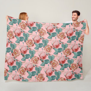Elegant Romantic Vintage Chic Pink Roses Floral Fleece Blanket