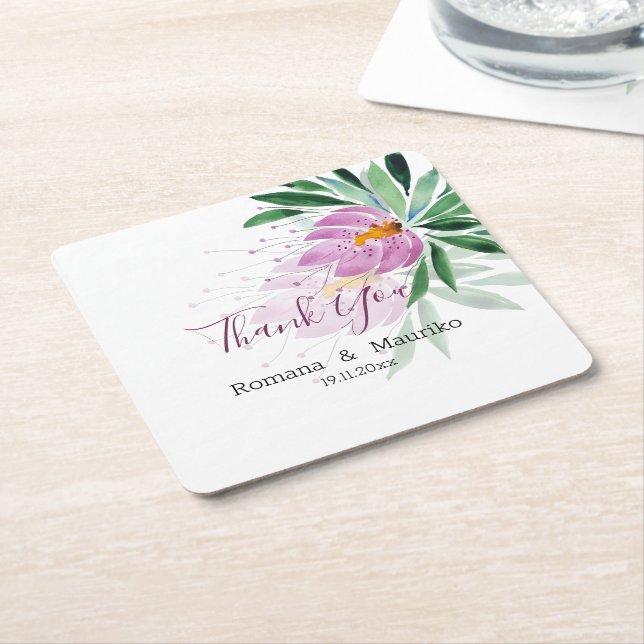 Elegant Romantic Violet Lotus Watercolor Art Square Paper Coaster (Angled)