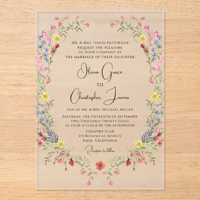 Elegant Romantic Watercolor Floral Wedding Acrylic Invitations (Front)