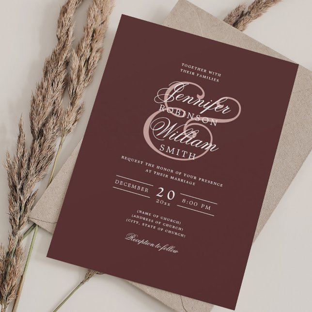 Elegant Romantic Wedding Classic Blush + Burgundy  Invitation (Elegant Romantic Wedding Classic Blush + Burgundy Invitation)