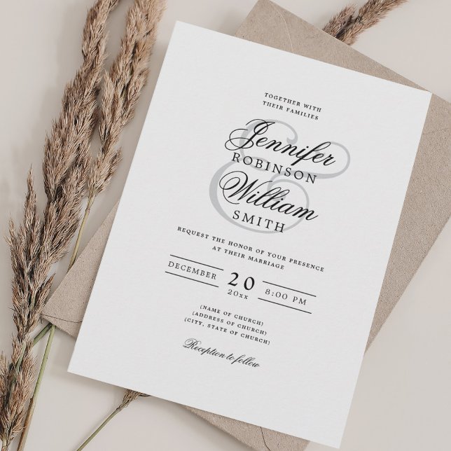 Elegant Romantic Wedding Classic Script Grey  Invitation (Elegant Romantic Wedding Classic Script Gray Invitation)