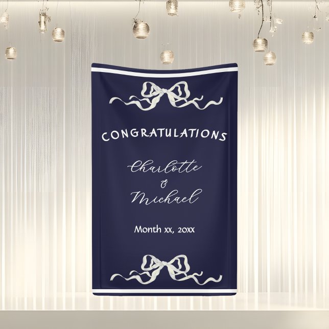 Elegant Romantic Wedding Navy Bow Congratulations  Banner (Elegant Ribbon Romantic Wedding Congratulations Banner)