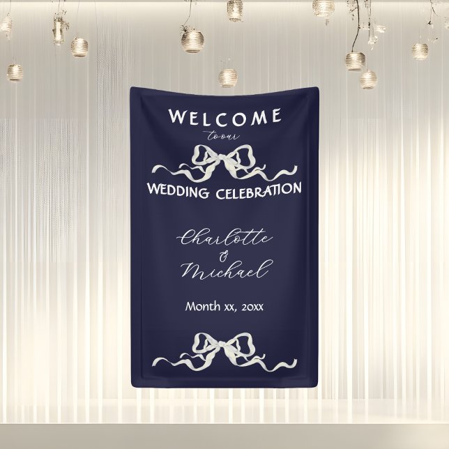 Elegant Romantic Wedding Navy Ribbon & Bow  Banner (Elegant Romantic Wedding Navy Ribbon & Bow Banner)