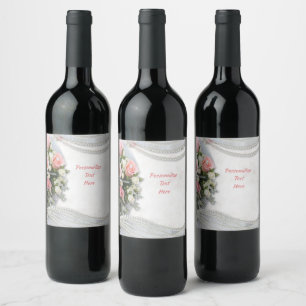 Elegant & Romantic White Pearls Pink Roses Wine Label